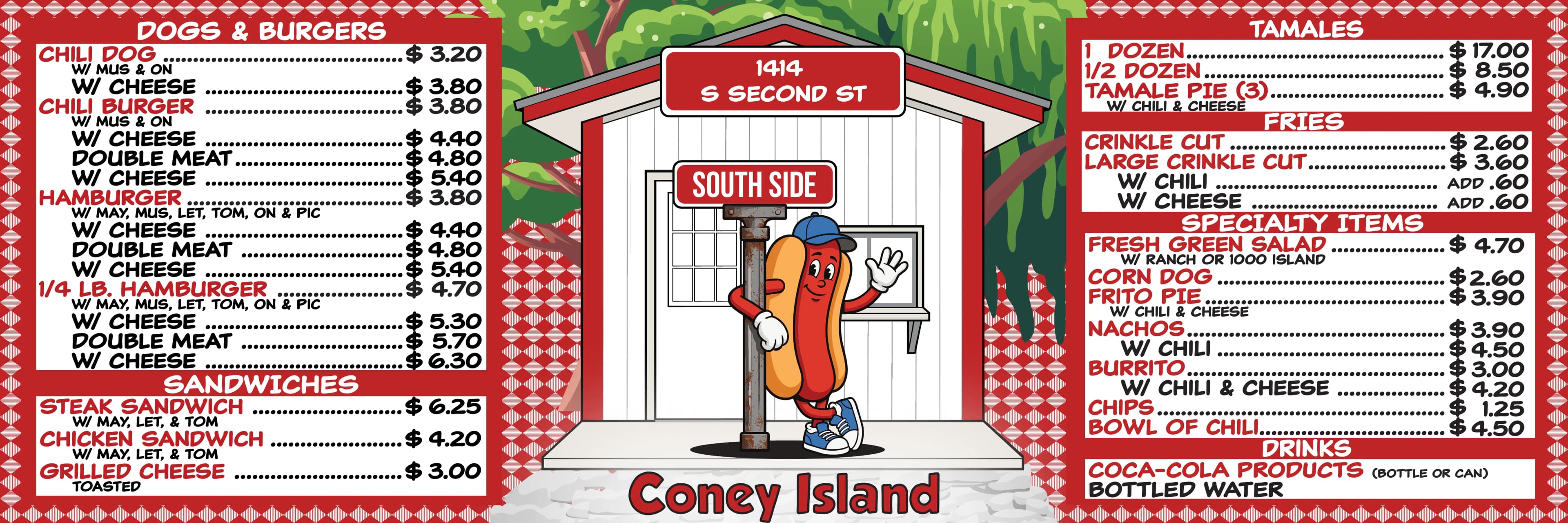 South Side Coney Island illustrated menu with prices